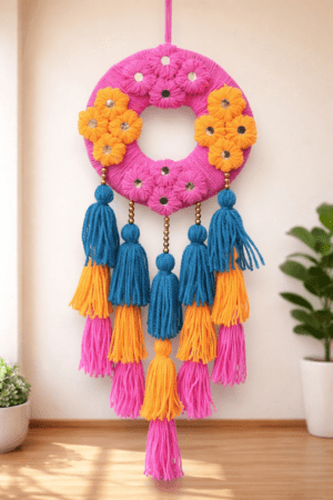 ChatGPT Image Mar 1, 2026, 03_34_17 PM Handmade Multicolor Woolen Dreamcatcher Wall Hanging with Tassels – Festive Home Décor for Living Room & Entrance