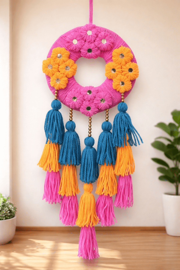 ChatGPT Image Mar 1, 2026, 03_34_17 PM Handmade Multicolor Woolen Dreamcatcher Wall Hanging with Tassels – Festive Home Décor for Living Room & Entrance