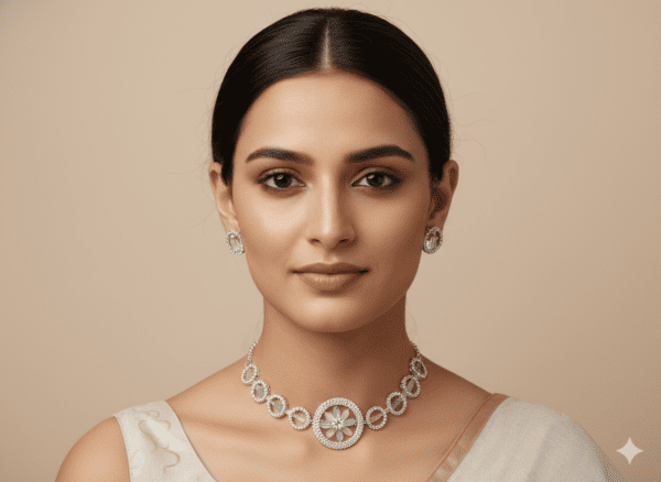 Premium AD Floral Necklace Set with Earrings – Silver Plated American Diamond Party Wear Jewellery