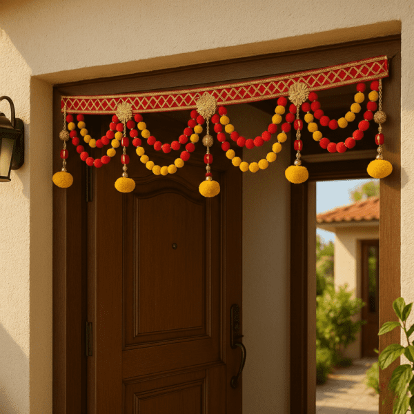 Premium Designer Door Toran for Main Entrance – Red & Yellow Festive Hanging Decoration with Beads & Bells