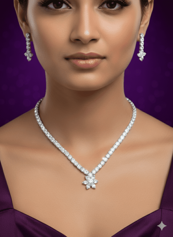 Premium AD Necklace Set with Earrings – Silver Plated American Diamond Jewellery for Women