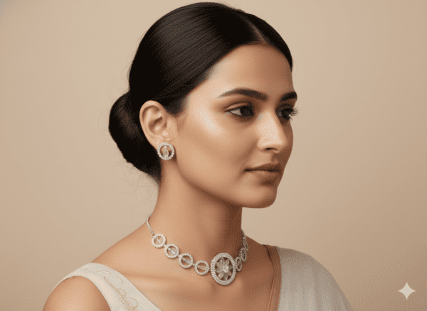 Premium AD Floral Necklace Set with Earrings – Silver Plated American Diamond Party Wear Jewellery