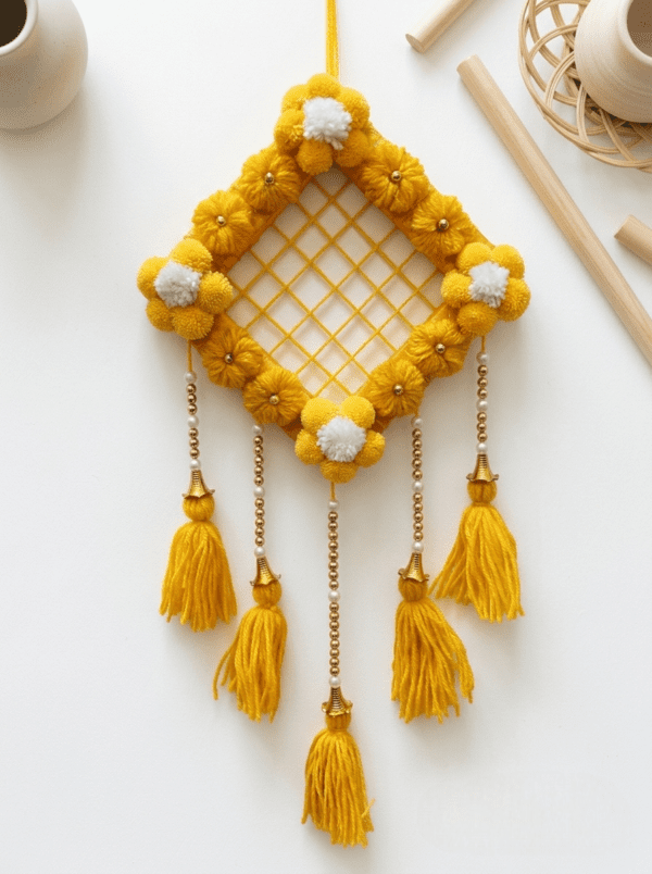 Handmade Wool Wall Hanging with Tassels – Yellow Floral Decorative Home & Festive Décor