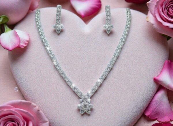Premium AD Necklace Set with Earrings – Silver Plated American Diamond Jewellery for Women