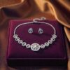 Premium AD Floral Necklace Set with Earrings – Silver Plated American Diamond Party Wear Jewellery