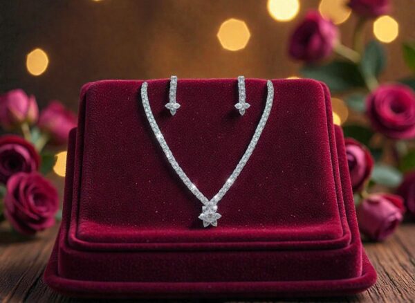 Premium AD Necklace Set with Earrings – Silver Plated American Diamond Jewellery for Women