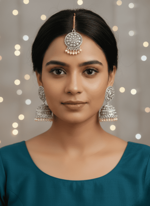 Elegant Jhumka Earrings with Maang Tikka Set – Silver Finish Imitation Ethnic Jewellery for Women