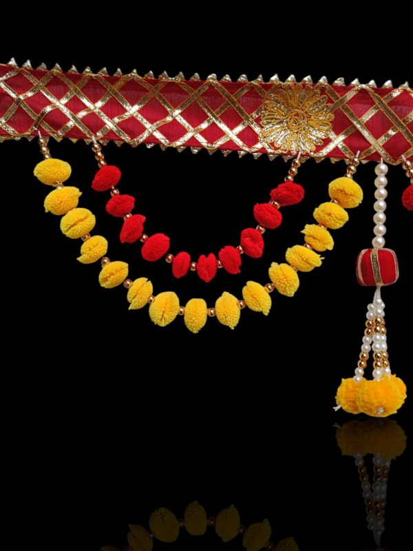 Premium Designer Door Toran for Main Entrance – Red & Yellow Festive Hanging Decoration with Beads & Bells