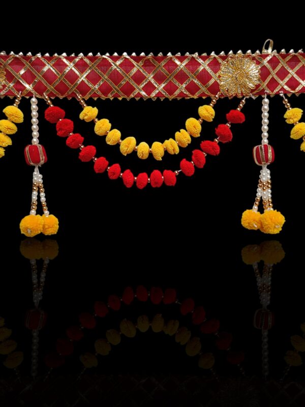 Premium Designer Door Toran for Main Entrance – Red & Yellow Festive Hanging Decoration with Beads & Bells