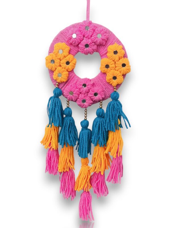 IMG20250708181338-Photoroom (1) Handmade Multicolor Woolen Dreamcatcher Wall Hanging with Tassels – Festive Home Décor for Living Room & Entrance