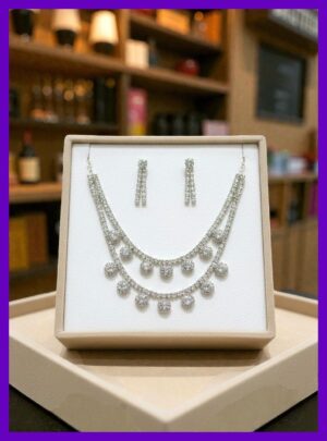 layrd1 Premium Layered AD Necklace Set with Earrings – Silver Plated American Diamond Party & Wedding Wear Jewellery