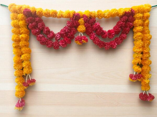 Artificial Marigold Flower Toran for Door Decoration – Yellow & Red Festive Garland for Home & Temple