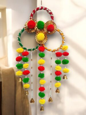 001-Photoroom Handcrafted Festive Hanging Toran with Bells – Multicolor Pom Pom Wall Décor