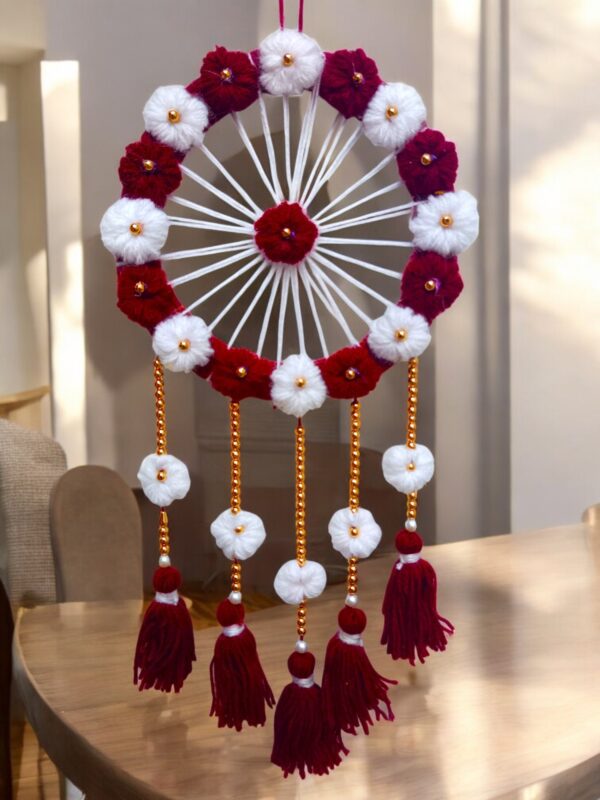 005-Photoroom Handcrafted Floral Wall Hanging with Tassels – Red & White Decorative Festive Home Décor