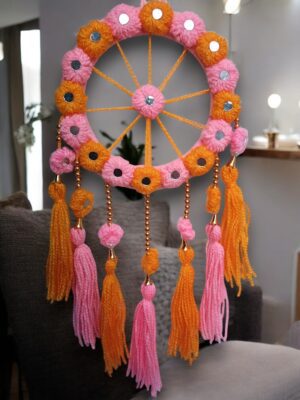 1000250533 (1)-Photoroom Handcrafted Pink & Orange Floral Wall Hanging with Tassels – Decorative Festive Home Décor