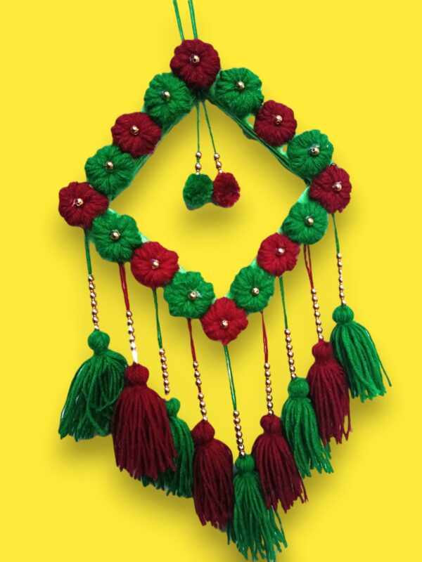 Handcrafted Round Floral Wall Hanging with Tassels – Red & Green Festive Home Décor