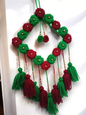 23-Photoroom Handcrafted Round Floral Wall Hanging with Tassels – Red & Green Festive Home Décor