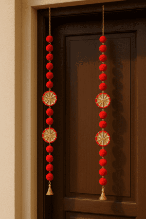 ChatGPT Image May 6, 2025, 07_52_23 AM Traditional Door Latkan (Pair of 2)– Red Pom Pom Hanging with Golden Bell for Main Entrance Decoration