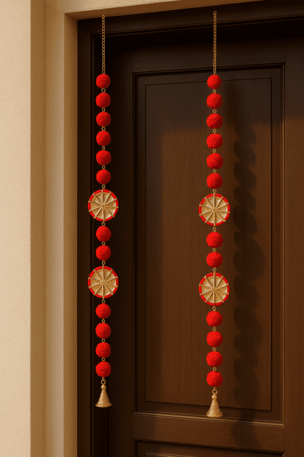 Traditional Door Latkan (Pair of 2)– Red Pom Pom Hanging with Golden Bell for Main Entrance Decoration