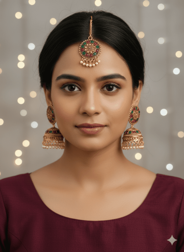 Traditional Gold Finish Jhumka Earrings with Maang Tikka Set – Multicolor Stone Ethnic Imitation Jewellery