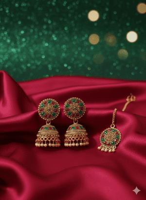 Gemini_Generated_Image_lwxbwclwxbwclwxb Traditional Gold Finish Jhumka Earrings with Maang Tikka Set – Multicolor Stone Ethnic Imitation Jewellery