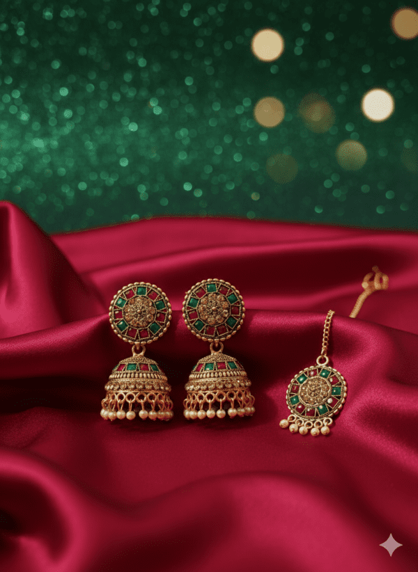 Traditional Gold Finish Jhumka Earrings with Maang Tikka Set – Multicolor Stone Ethnic Imitation Jewellery