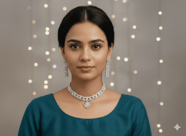 Premium AD Choker Necklace Set with Earrings – Silver Plated American Diamond Party Wear Jewellery