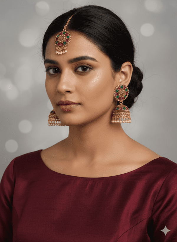 Traditional Gold Finish Jhumka Earrings with Maang Tikka Set – Multicolor Stone Ethnic Imitation Jewellery