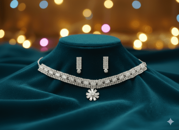 Premium AD Choker Necklace Set with Earrings – Silver Plated American Diamond Party Wear Jewellery