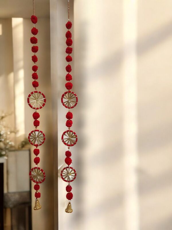 Traditional Door Latkan (Pair of 2)– Red Pom Pom Hanging with Golden Bell for Main Entrance Decoration