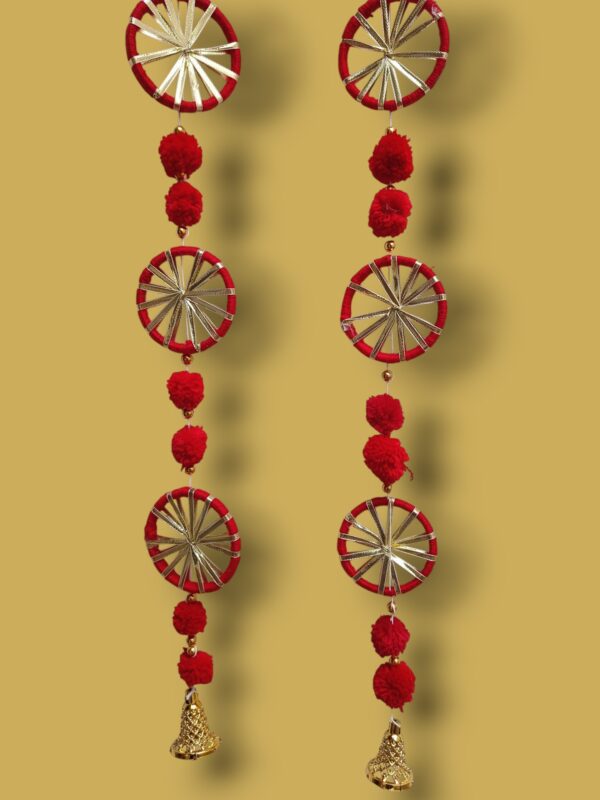 Traditional Door Latkan (Pair of 2)– Red Pom Pom Hanging with Golden Bell for Main Entrance Decoration