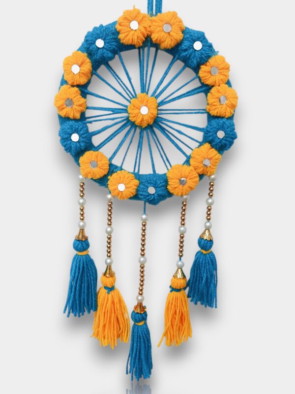 Handcrafted Blue & Yellow Floral Wall Hanging with Tassels – Round Festive Home Décor