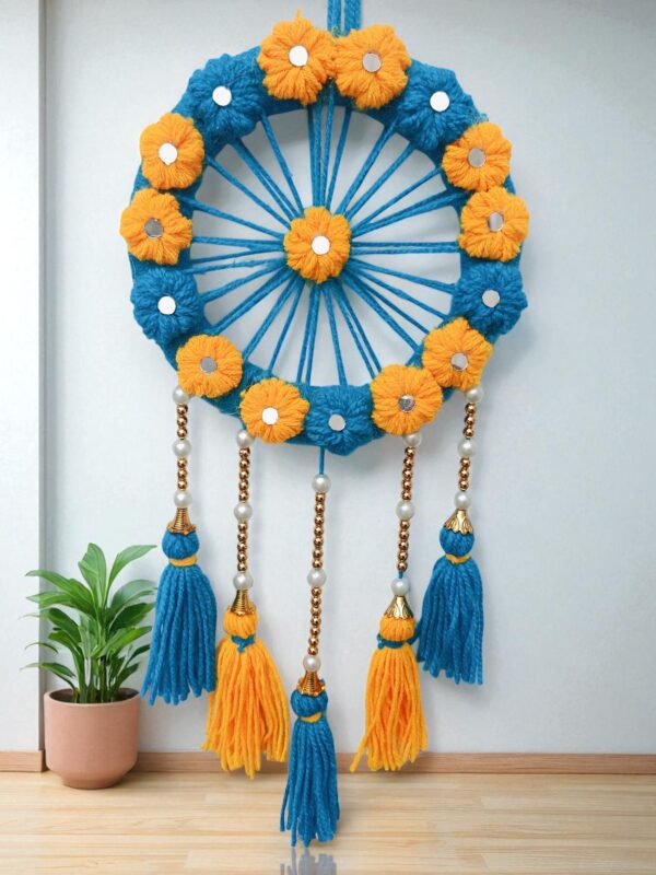 Handcrafted Blue & Yellow Floral Wall Hanging with Tassels – Round Festive Home Décor