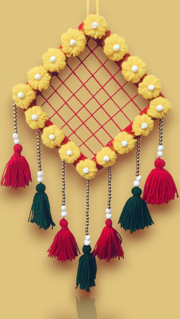 Handcrafted Diamond Shape Floral Wall Hanging with Tassels – Multicolor Festive Home Décor