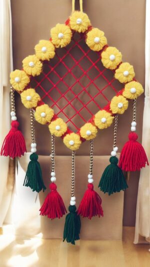 IMG_20250210_224201-Photoroom Handcrafted Diamond Shape Floral Wall Hanging with Tassels – Multicolor Festive Home Décor