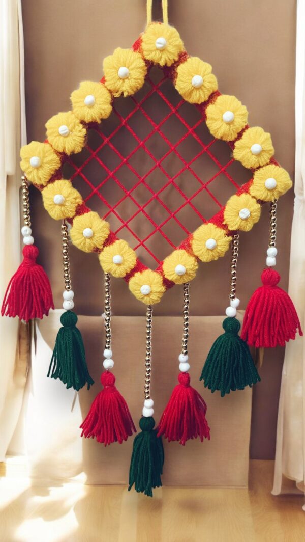 Handcrafted Diamond Shape Floral Wall Hanging with Tassels – Multicolor Festive Home Décor
