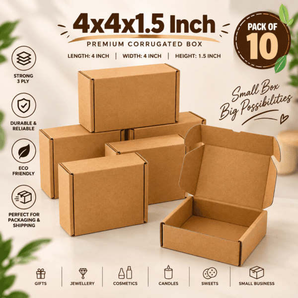 ChatGPT Image Sep 9, 2026, 05_48_36 PM 4x4x1.5 Inch Brown Corrugated Box – Premium 3 Ply Shipping & E-commerce Packaging